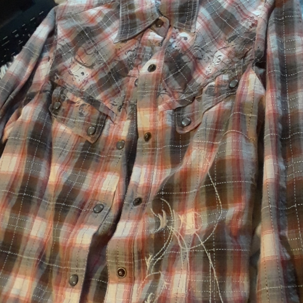 Red gray and white button down